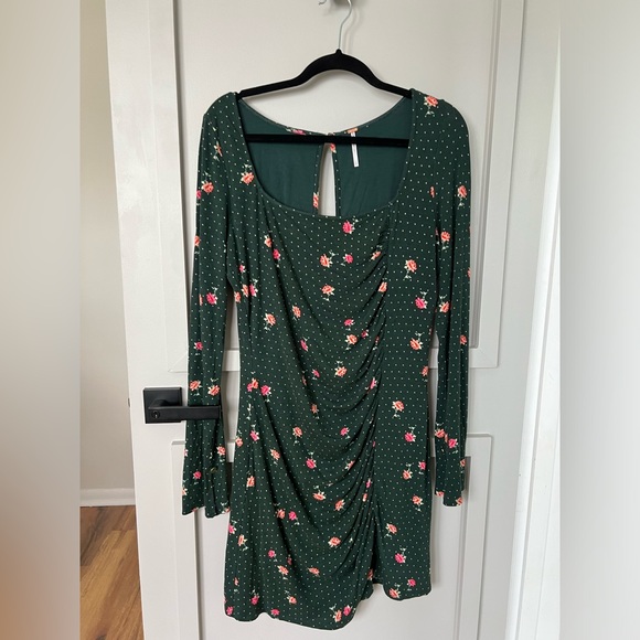 FREE PEOPLE 🆕Celia mini dress green pink floral long sleeves large - Picture 6 of 15